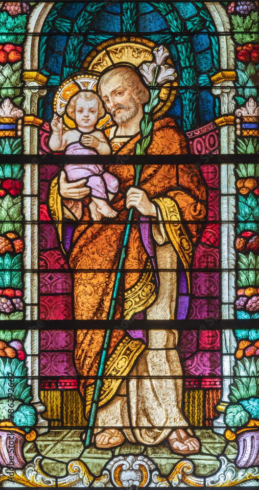 ARCO, ITALY - JUNE 8, 2018: The St. Joseph in the stained glass in the church Collegiata dell'Assunta.