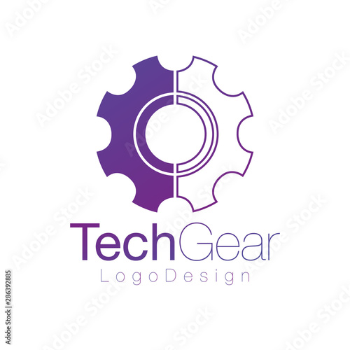 half flat and linear gear logo design, repair concept, brocken wheel. vector illustration isolated on white background.