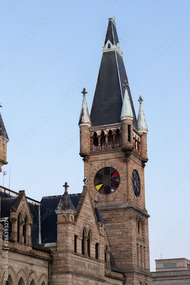 Upper portion of the Scranton Municipal Bulding, shot in the early morning hours in August, 2019. Upper portion of the Scranton Municipal Bulding, shot in the early morning hours in August, 2019.