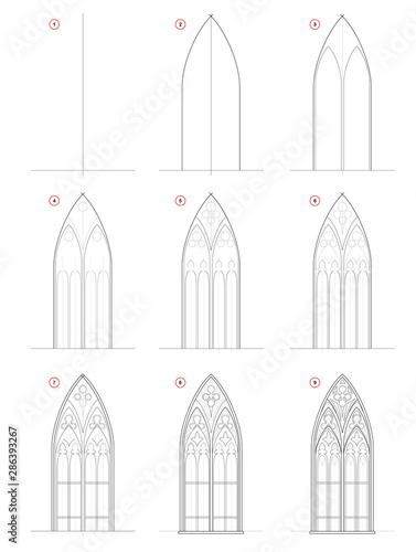 How to draw step-wise sketch of beautiful Gothic stained glass window. Creation step by step pencil drawing. Educational page for school textbook for developing artistic skills. Hand-drawn vector.