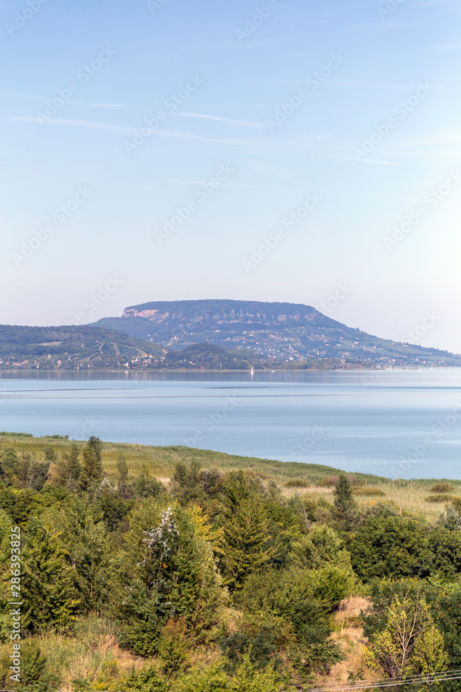 Lake Balaton with the Badacsony mountain in the background.