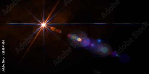 Lens flare light over black background. Easy to add overlay or screen filter over photos.