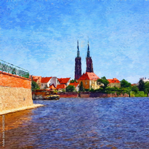 Oil painting view of Wroclaw city in Poland. Travel in europe scene. Old architecture and town elements. Large print for design paper or canvas. Wall art contemporary impressionism decoration. © Katsiaryna