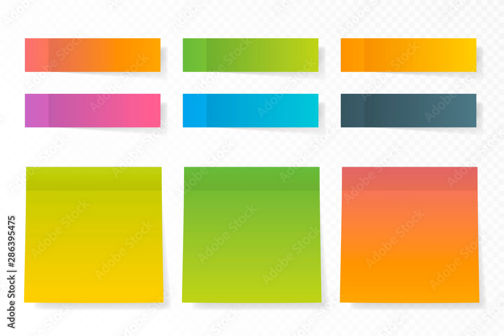 Different color paper stickers vector collection. Advertising mockup isolated on transparent. Place any text on it