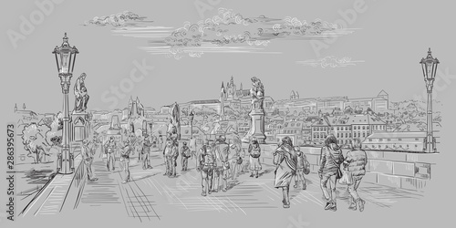 Grey vector hand drawing Prague 7 photo