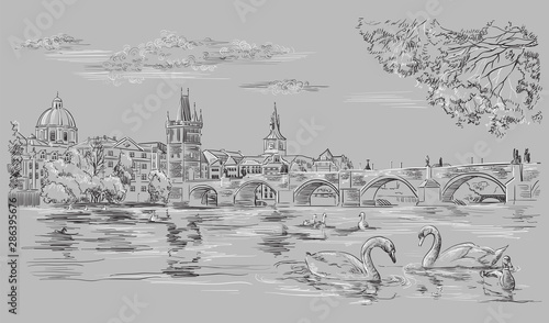 Grey vector hand drawing Prague 8