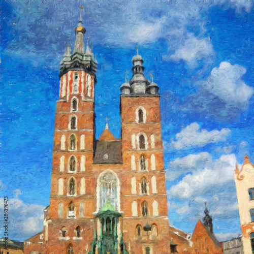 Oil painting view of Wroclaw city in Poland. Travel in europe scene. Old architecture and town elements. Large print for design paper or canvas. Wall art contemporary impressionism decoration.