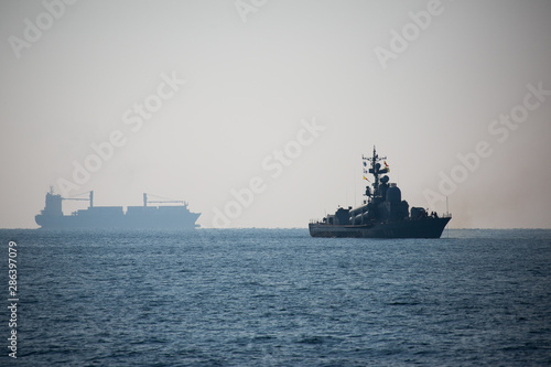 Fototapeta A Russian military ship stands on a roadstead in Peter the Great Bay near Vladiv