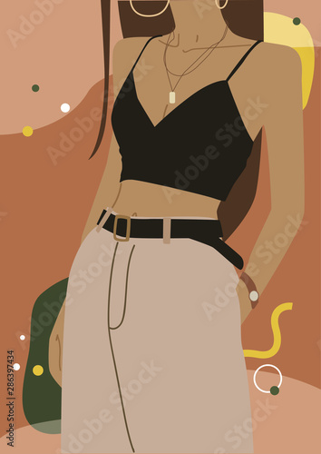  Stylish girl in fashionable clothes. Modern trendy flat illustration. Wall print. Abstract background.