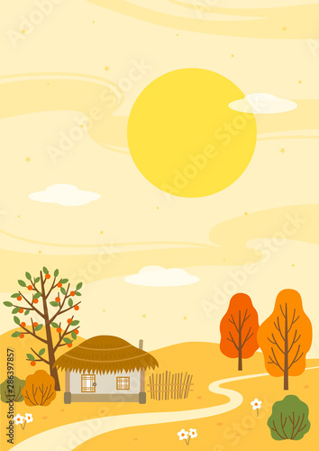 Autumn landscape with traditional thatched houses