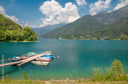 The lake Lago di Ledro among the Alps in the Trentino district.