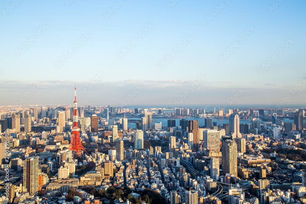 Architecture buildings cityscape in Tokyo skyline at Japan before sunset