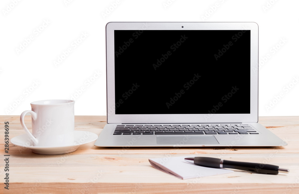 Office table with notepad, computer and coffee cup Office table with notepad, computer and coffee cup