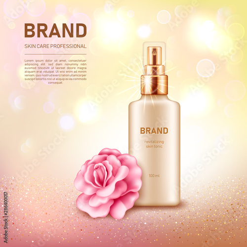 Realistic spray bottle with golden lid and pink rose on bokeh glitter background. Cosmetic brand advertising concept design