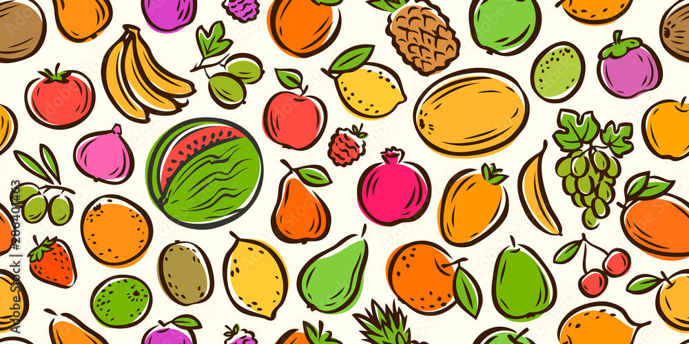 Fototapeta premium Fruits seamless background. Food cartoon vector illustration