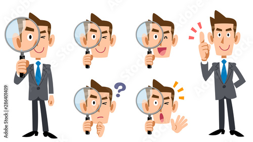 虫眼鏡で調査するビジネスマンの全身と表情のセット