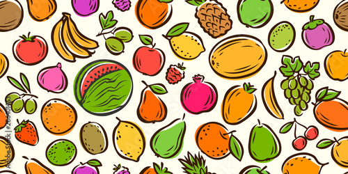 Fruits seamless background. Food cartoon vector illustration