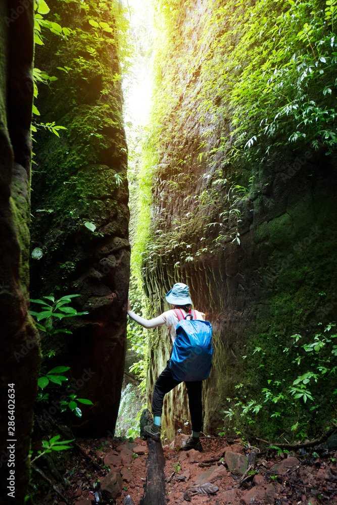 Backpack women standing between narrow of green rock in rainforest