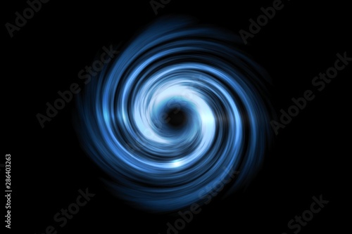 Abstract black hole with light blue spiral tunnel on black background