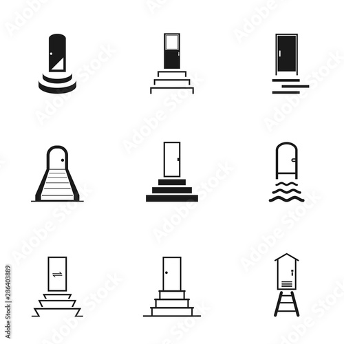 Set of black white door and stairs icon with front entrance and exit for the input and output, vector illustration