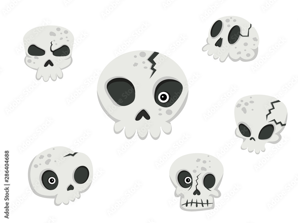 Collection of skulls. Concept cartoon skull in different . Halloween elements set. Vector clipart illustration isolated on white background Collection of skulls. Concept cartoon skull in different . Halloween elements set. Vector clipart illustration isolated on white background