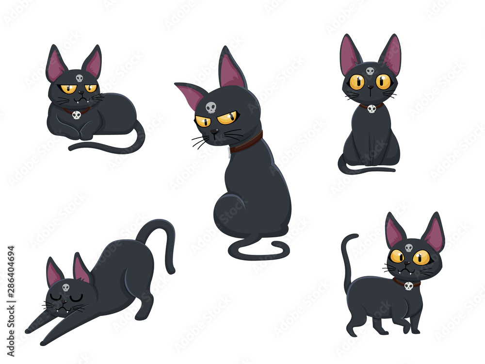 Collection of cats. Concept cartoon cat in different poses. Halloween elements set. Vector clipart illustration isolated on white background Collection of cats. Concept cartoon cat in different poses. Halloween elements set. Vector clipart illustration isolated on white background
