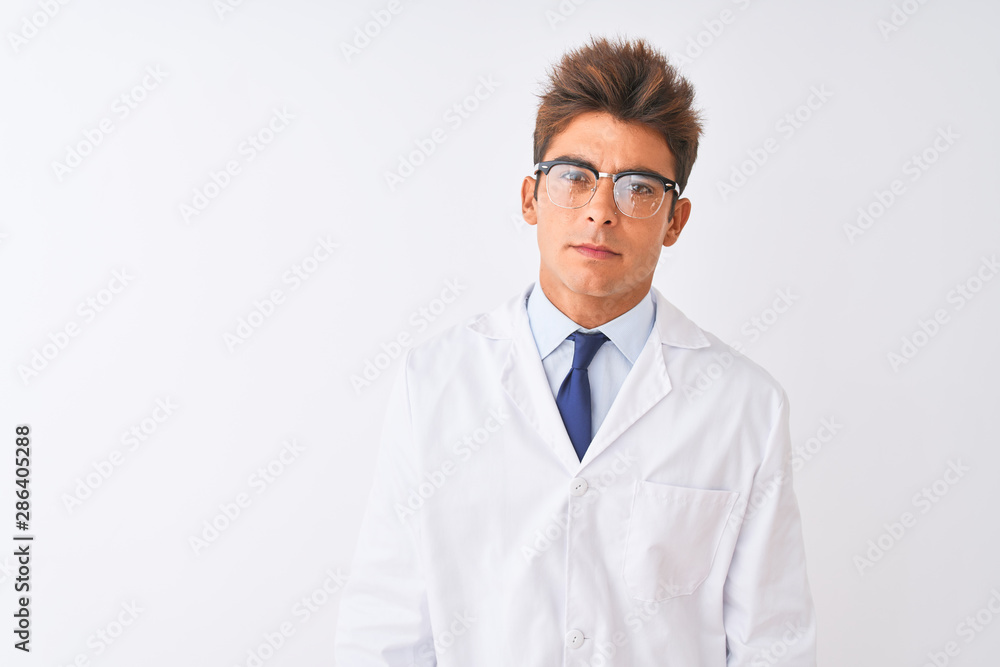 Young handsome sciencist man wearing glasses and coat over isolated white background looking sleepy and tired, exhausted for fatigue and hangover, lazy eyes in the morning.