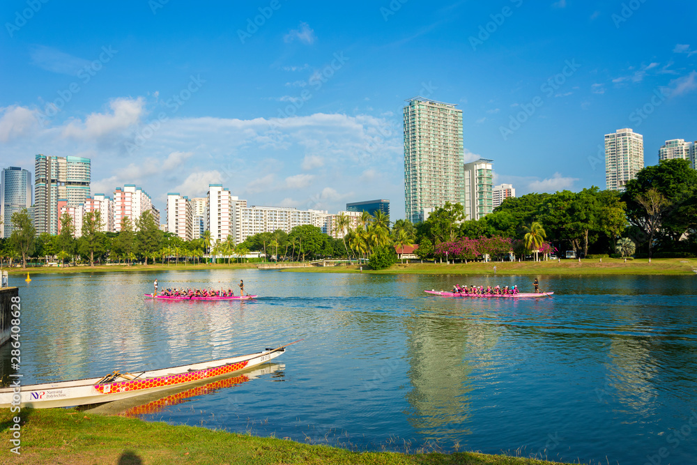 Fotografie Practicing dragon boat in the Kallang river