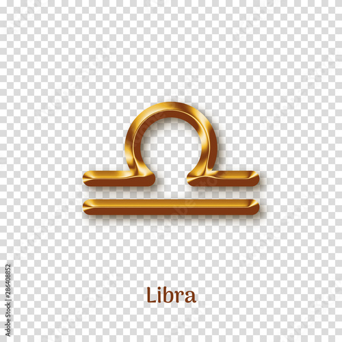 Libra golden zodiac sign with shadow isolated on transparent background. Luxury star sign for astrology horoscope prediction. Realistic gold design of horoscope constellation vector illustration