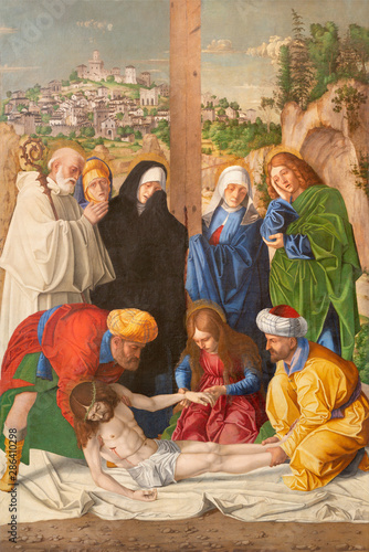 MALCESINE, ITALY - JUNE 13, 2019: The painting of Deposition of the Cross in church Chiesa di Santo Stefano by Girolamo dai Libri (1474 – 1555).