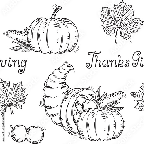 Thanksgiving seamless pattern. Vector  with hand written text,  many vegetables and leaves on white background