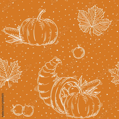 Thanksgiving seamless pattern. Vector background with leaves, Cornucopia and pumpkins