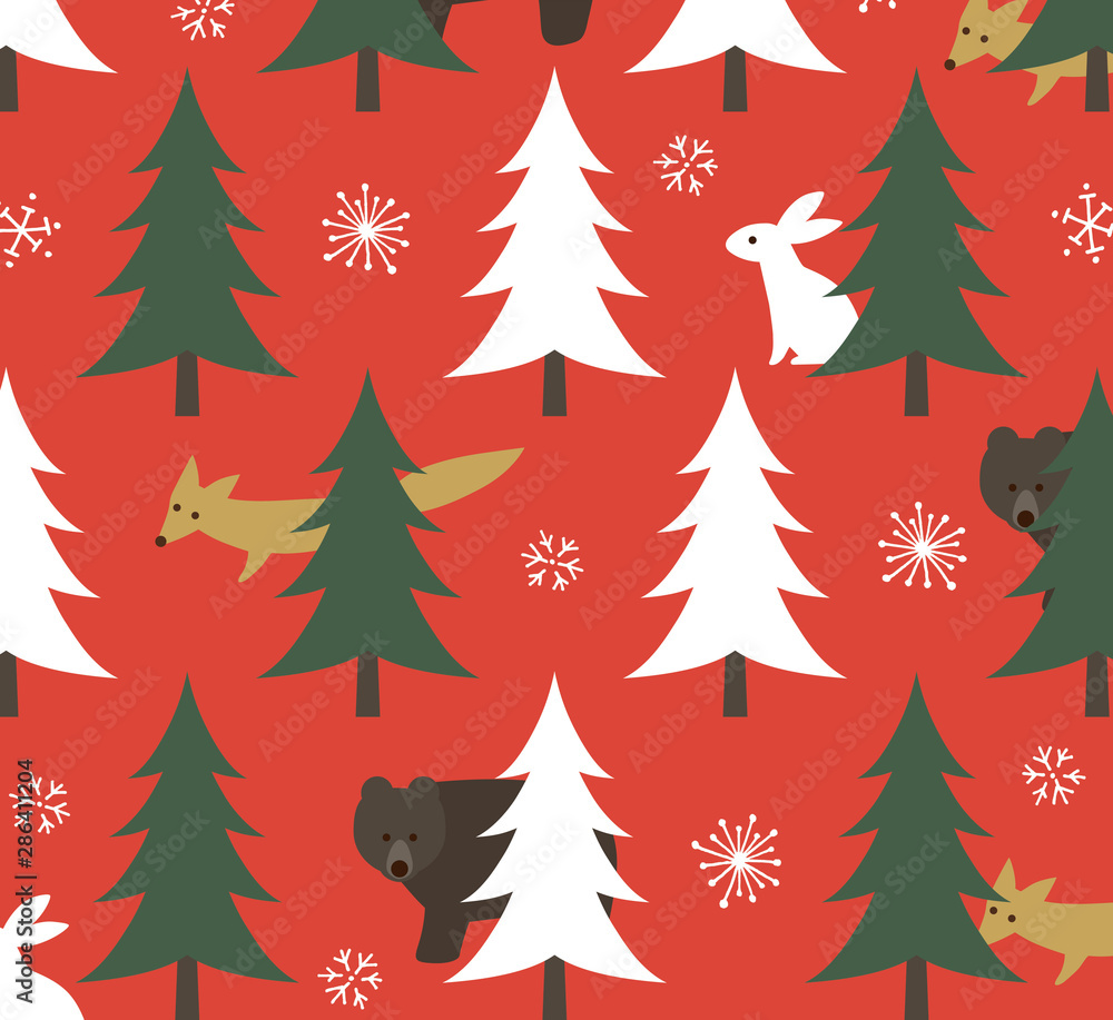 北欧風動物と森の柄クリスマスカラー