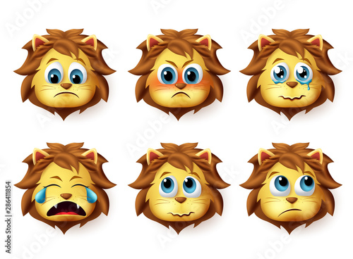 Lion animal emoji vector set. Cute emoji of lions face in sad and angry emotions and expressions isolated in white background. Vector illustration.