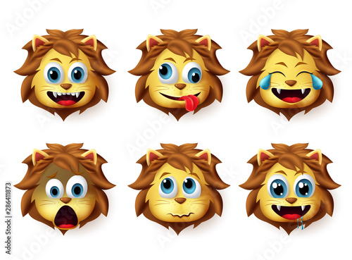 Emoji lion vector set. Lion animals emoji in happy and crazy facial expression isolated in white background. Vector illustration 3d realistic.