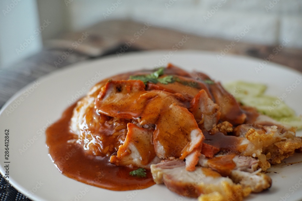 Barbecued red pork and crispy pork with sauce and rice Barbecued red pork and crispy pork with sauce and rice