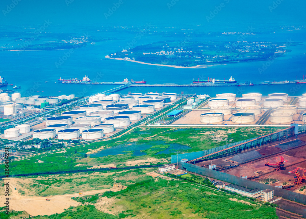 View of the industrial oil base by the sea in Zhanjiang City, Guangdong Province, China