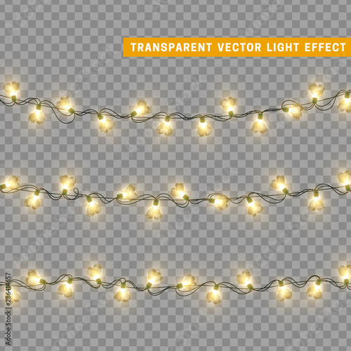 Christmas lights in yellow color heart shape. Decorations design element Christmas glowing lights. Decorative Xmas realistic objects. Holiday decor set of garlands. vector illustration