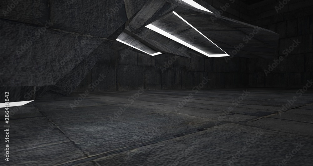 Abstract architectural concrete interior of a minimalist house with neon lighting. 3D illustration and rendering. Abstract architectural concrete interior of a minimalist house with neon lighting. 3D illustration and rendering.