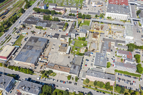 drone image of city industrial district. roofs of industrial buildings. aerial view