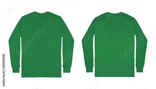Blank plain green long sleeve t shirt front and back view isolated on white background. Set of long sleeve tee, ready for your mockup design