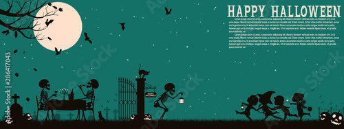 Halloween night landscape. There are 3 unique layer ( Black/Dark blue/bright yellow) on blue background. Easy to manage color which you want .