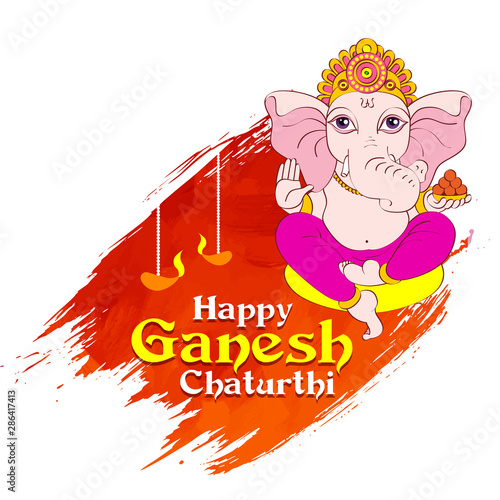 Happy Ganesh Chaturthi. Indian Festival of cute lord Ganapati Banner, Logo design, Concept, Greeting Card Template, Icon, Poster, Unit, Label, Web, Mnemonic on Red paint brush stroke Background.