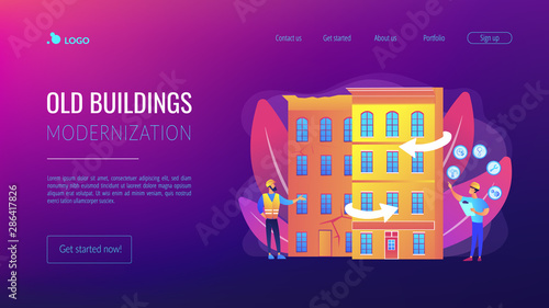 Residential house reconstruction, city renovation. Old buildings modernization, building up service, construction modernization solutions concept. Website homepage landing web page template.