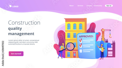 Architectural project approval, safety check. Construction quality control, construction quality management, hire your quality technician concept. Website homepage landing web page template.