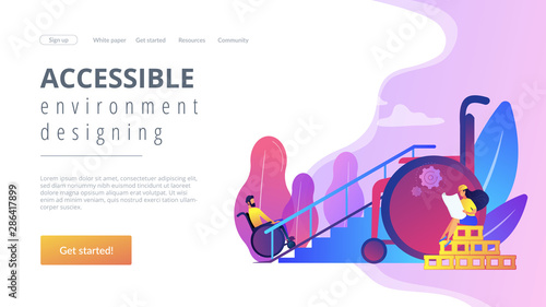 Ramp for people in wheelchairs, disabled care. Accessible environment designing, freedom of movement, disability friendly area concept. Website homepage landing web page template.