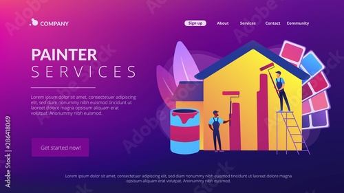 Building exterior renovation. Painter services, best residential and commercial painting, interior and exterior house painters concept. Website homepage landing web page template.