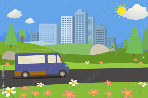 Public park with van on road and city background.nature landscape with road and urban