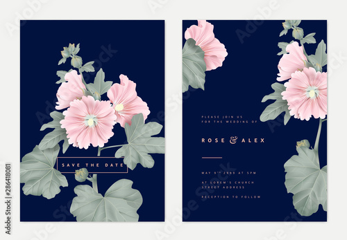 Minimalist botanical wedding invitation card template design, pink Alcea or hollyhocks flowers and leaves on dark blue photo