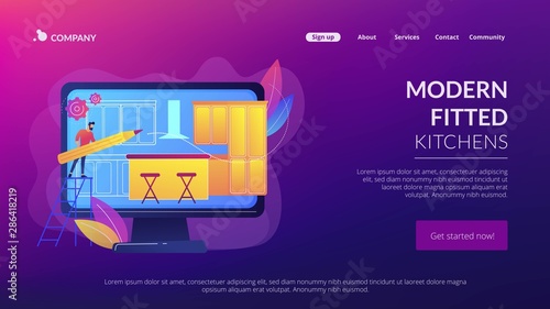 Carpentry workshop. Room design, home decor, interior designer. Custom made kitchens, bespoke kitchens design, modern fitted kitchens concept. Website homepage landing web page template.